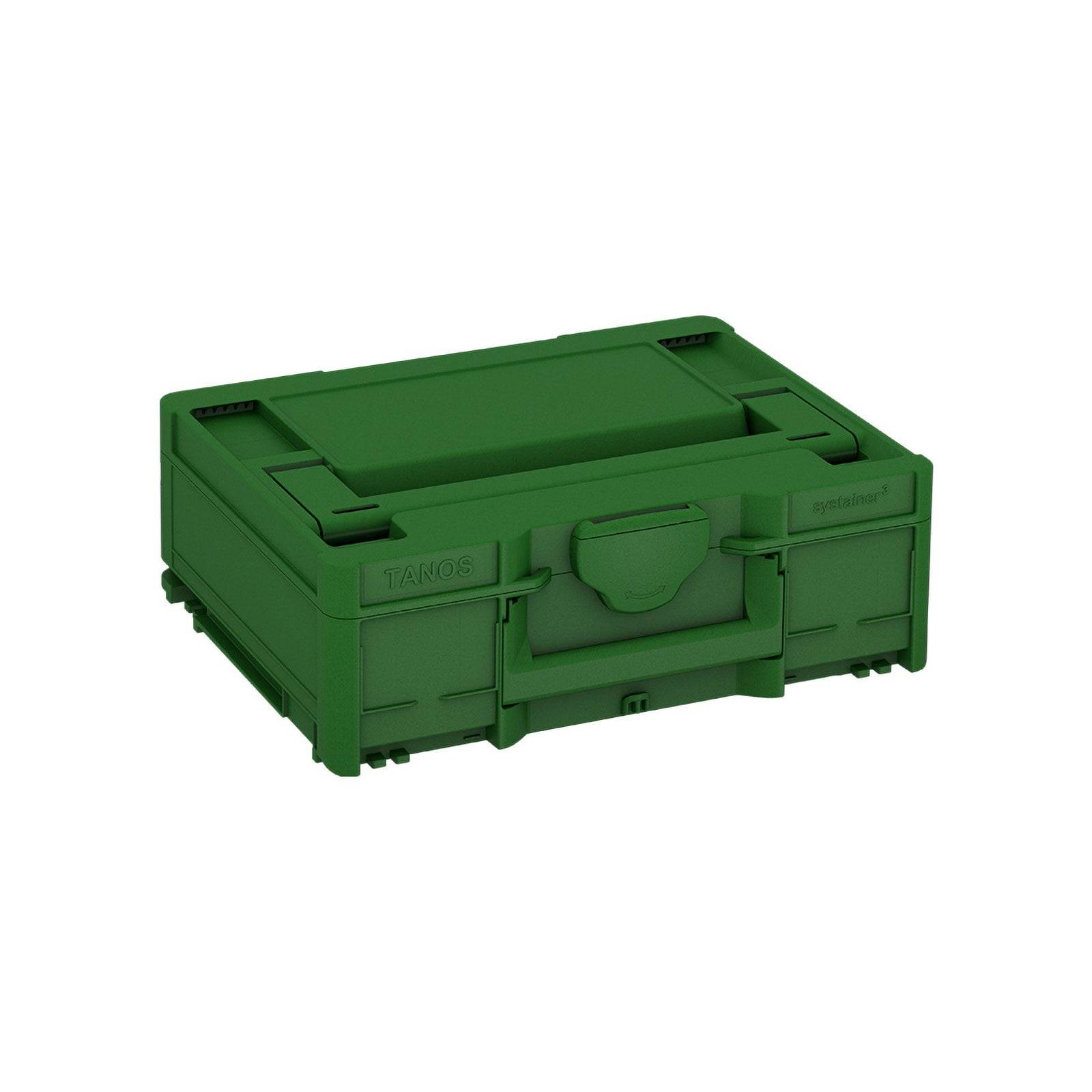 Eine grüne Aufbewahrungsbox mit Griff und Verschlüssen, die ein kompaktes und robustes Design aufweist. Ideal zur Organisation von Werkzeugen oder kleinen Ausrüstungsgegenständen.