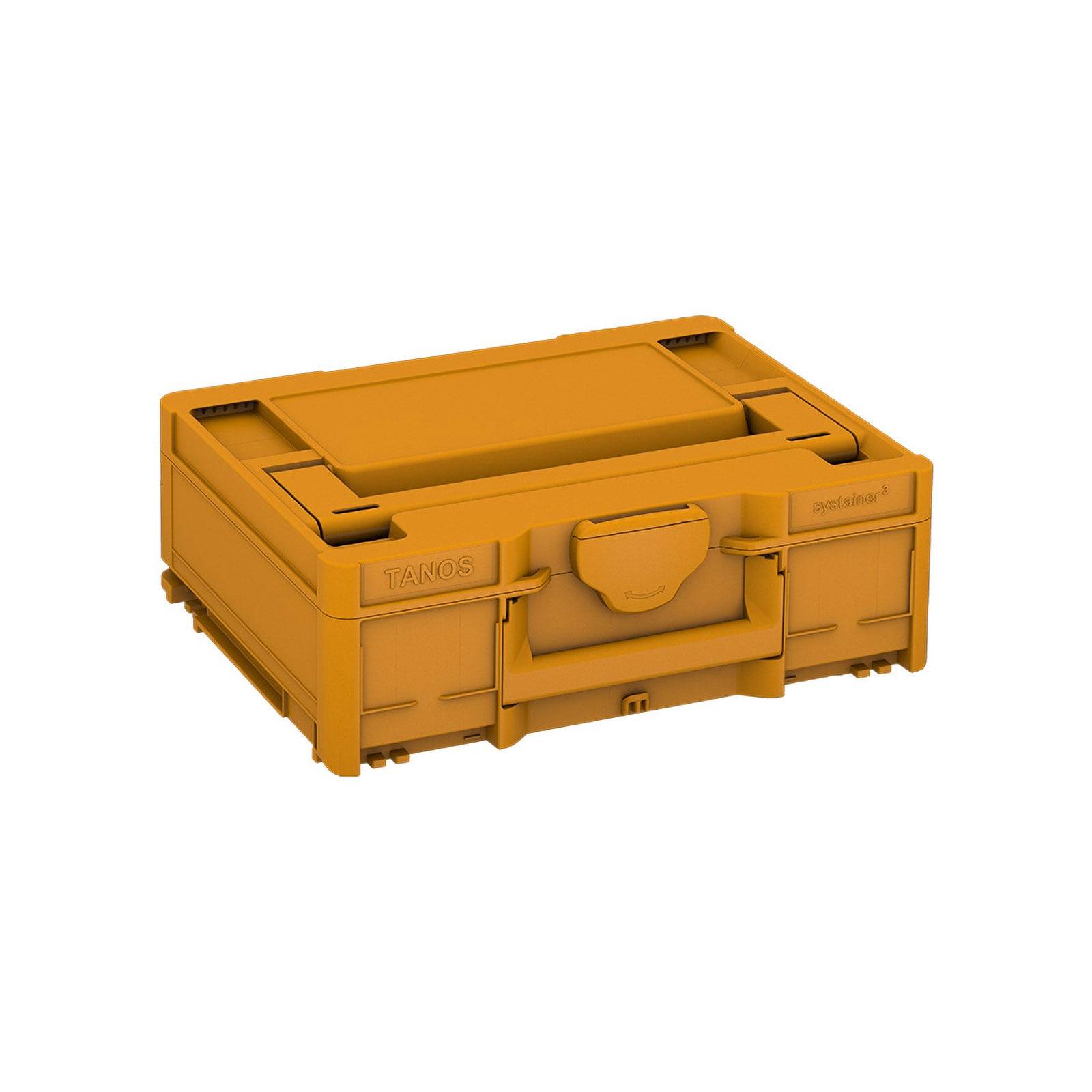 Eine orangefarbene, stapelbare Aufbewahrungsbox mit stabilem Griff und Verschlüssen, geeignet zum Organisieren von Werkzeugen oder Materialien.