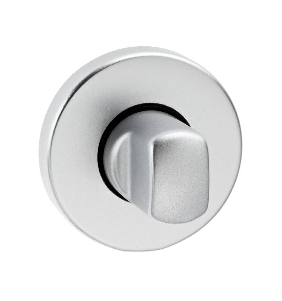 Ein runder, silberfarbener Türschloss-Daumendreher, der für sichere manuelle Verriegelung und Entriegelung von Türen entwickelt wurde.