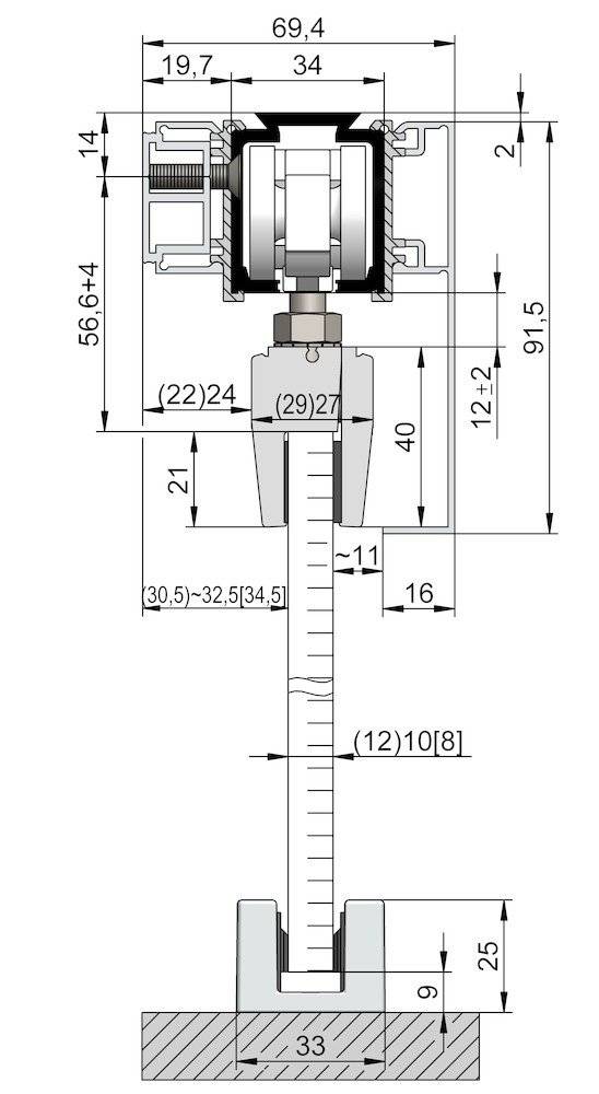 „Technische Zeichnung einer mechanischen Baugruppe mit annotierten Abmessungen. Abmessungen sind für verschiedene Komponenten innerhalb der Baugruppe angegeben.