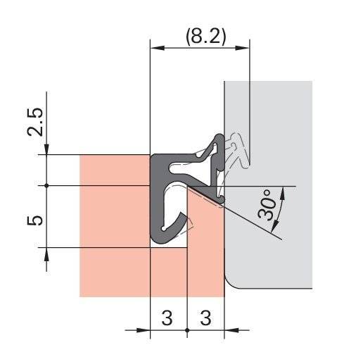 Querschnitt einer Türdichtungsinstallation, der einen 30-Grad-Winkel zeigt, und Abmessungen: 5, 2,5, 3 und 8,2 Einheiten für präzises Einpassen.