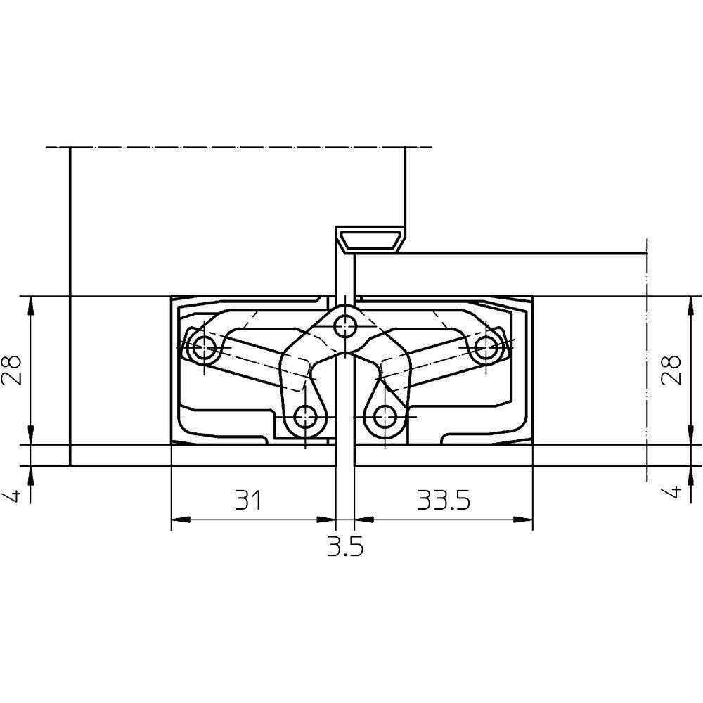 Technische Zeichnung einer Scharnieranordnung mit Maßen: Hauptbreite 64,5 mm, Höhe 28 mm, Mittenbreite 33,5 mm. Pfeile zeigen die Abmessungen an.
