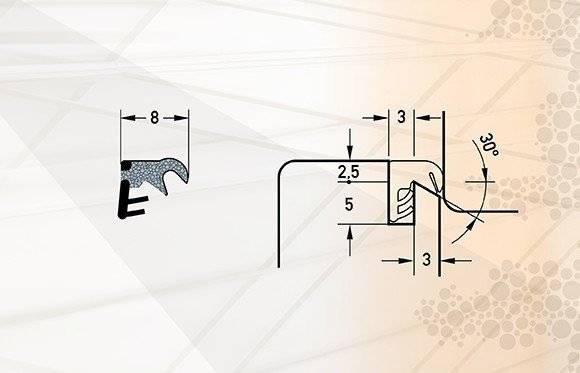 Eine technische Zeichnung eines Profils mit Maßangaben in Millimetern: 8, 2,5, 5, 3. Sie zeigt detaillierte Abmessungen einer Metallkante.