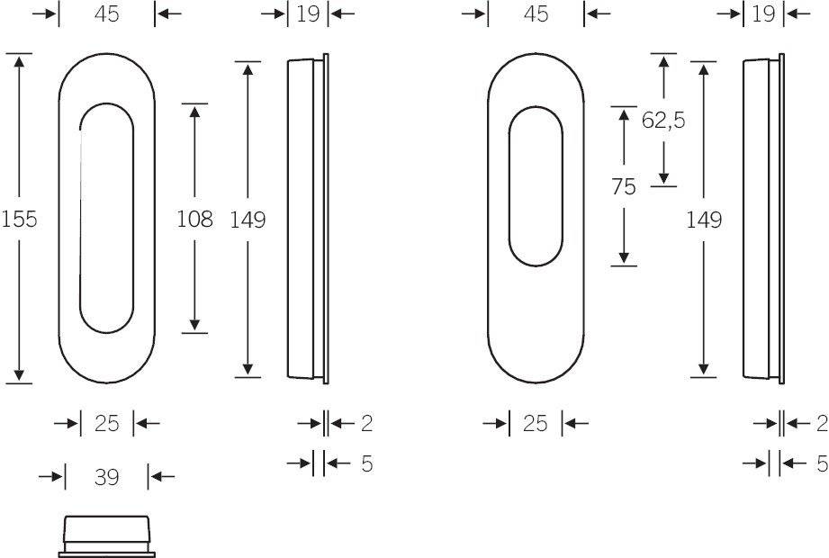 Technisches Diagramm einer Türklinke mit Abmessungen: 108mm und 149mm Höhen, 19mm und 25mm Breiten und 62,5mm und 75mm Längen eingetragen.