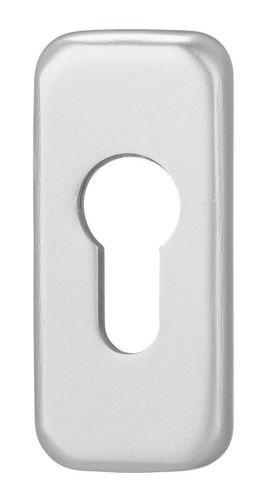 Ein weißes vertikales Schlüsselloch auf einer silbernen rechteckigen Platte, zentriert im Bild.