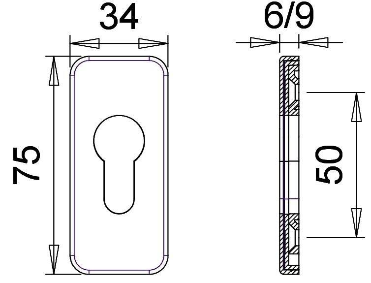 Technische Zeichnung einer rechteckigen Schlüssellochrosette. Abmessungen: 34 mm Breite, 50 mm Höhe, mit angegebener Tiefe 6/9 mm.