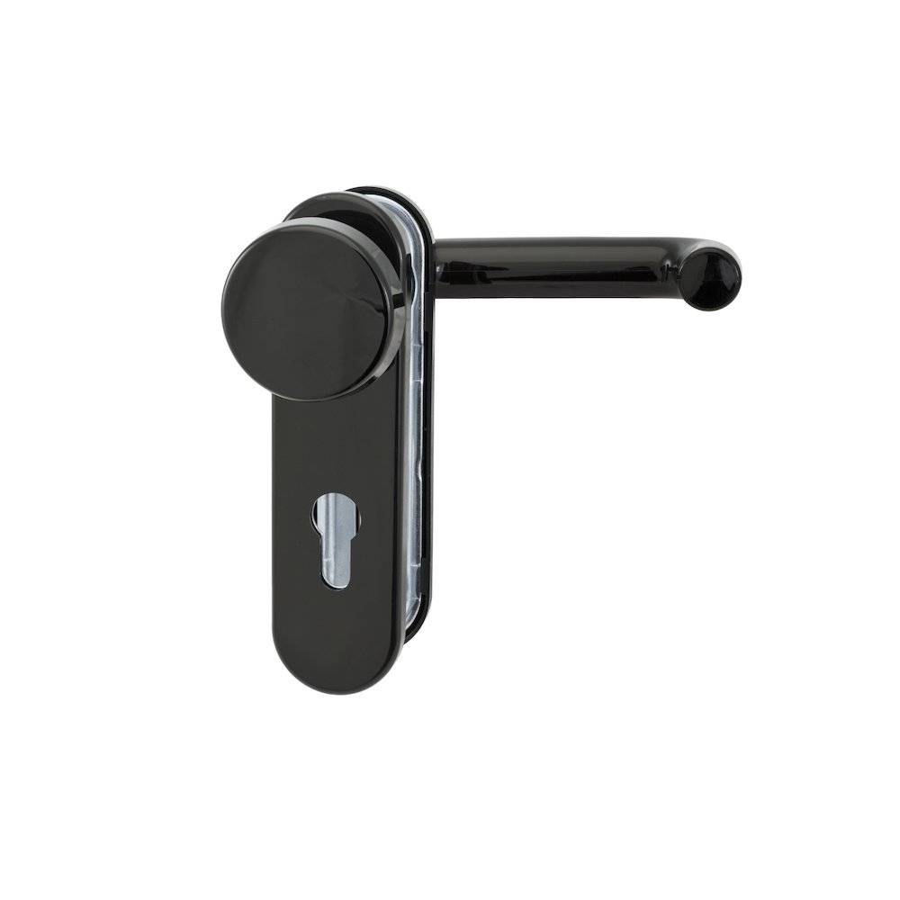 Ein eleganter schwarzer Türgriff mit einem Schlüsselloch darunter, montiert auf einer Metallplatte, geeignet für moderne Innentüren.