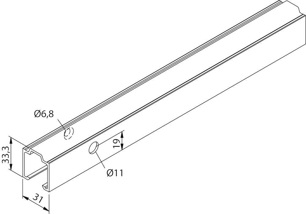 Diagramm eines rechteckigen Metallstabs mit einem kreisförmigen Loch, gekennzeichnet mit den Abmessungen: Durchmesser 11 mm und 19 mm vom Rand.