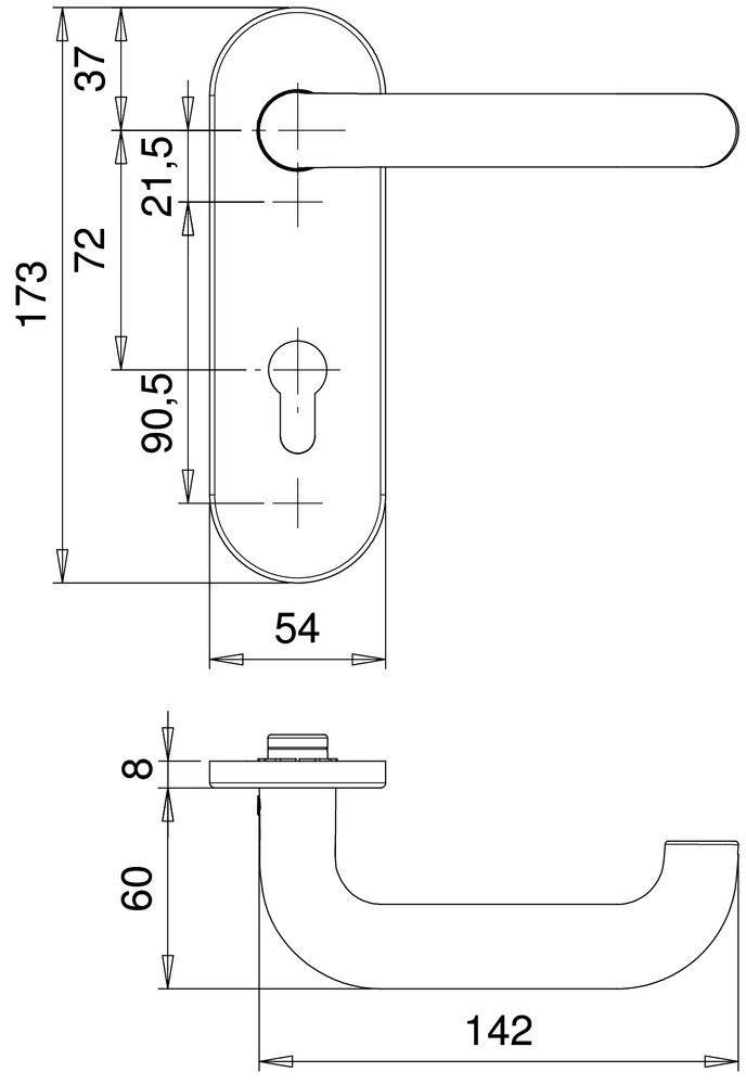 Technische Zeichnung einer Türklinke mit Abmessungen: Plattenhöhe 173 mm, Plattenbreite 54 mm, Befestigungsloch-Abstand 90,5 mm.