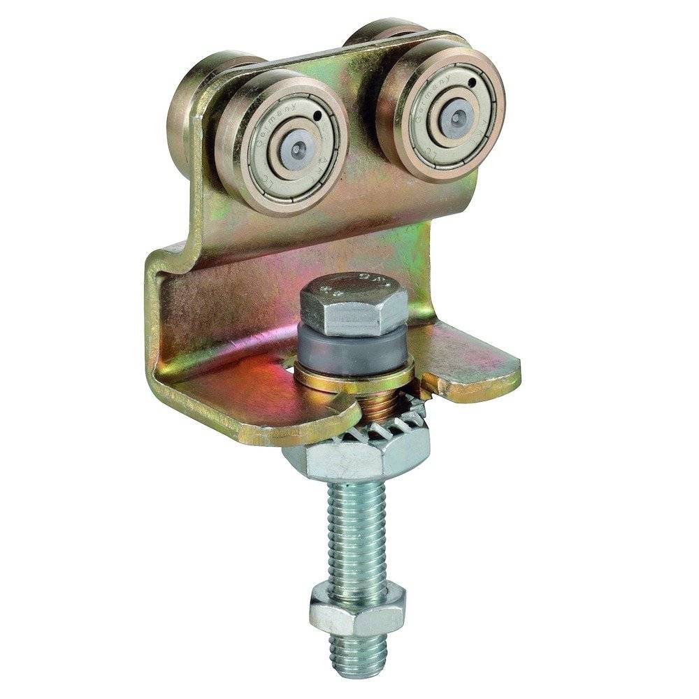 Metallkonsole für Rollwagen mit zwei Rollen und einem Bolzen, verwendet für Schiebetüren oder Tore.