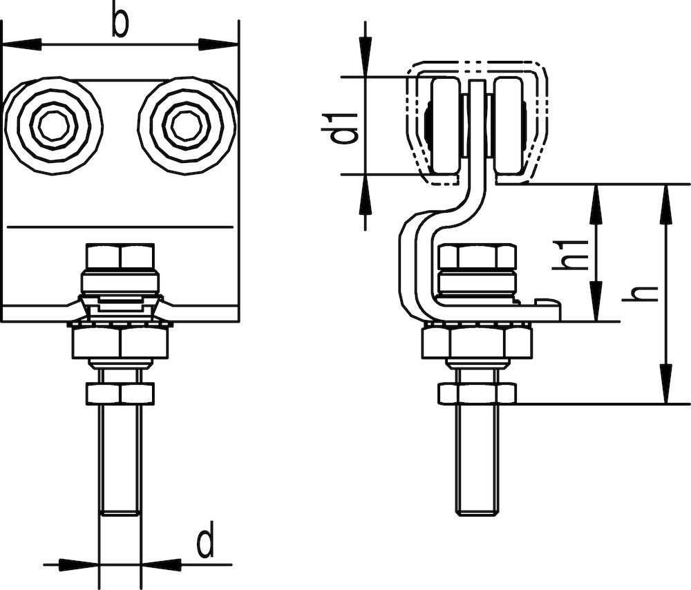 Technische Zeichnung einer Klemme mit Bolzen und Abmessungen gekennzeichnet als b, d, h und d1, die Montage und Messungen veranschaulicht.