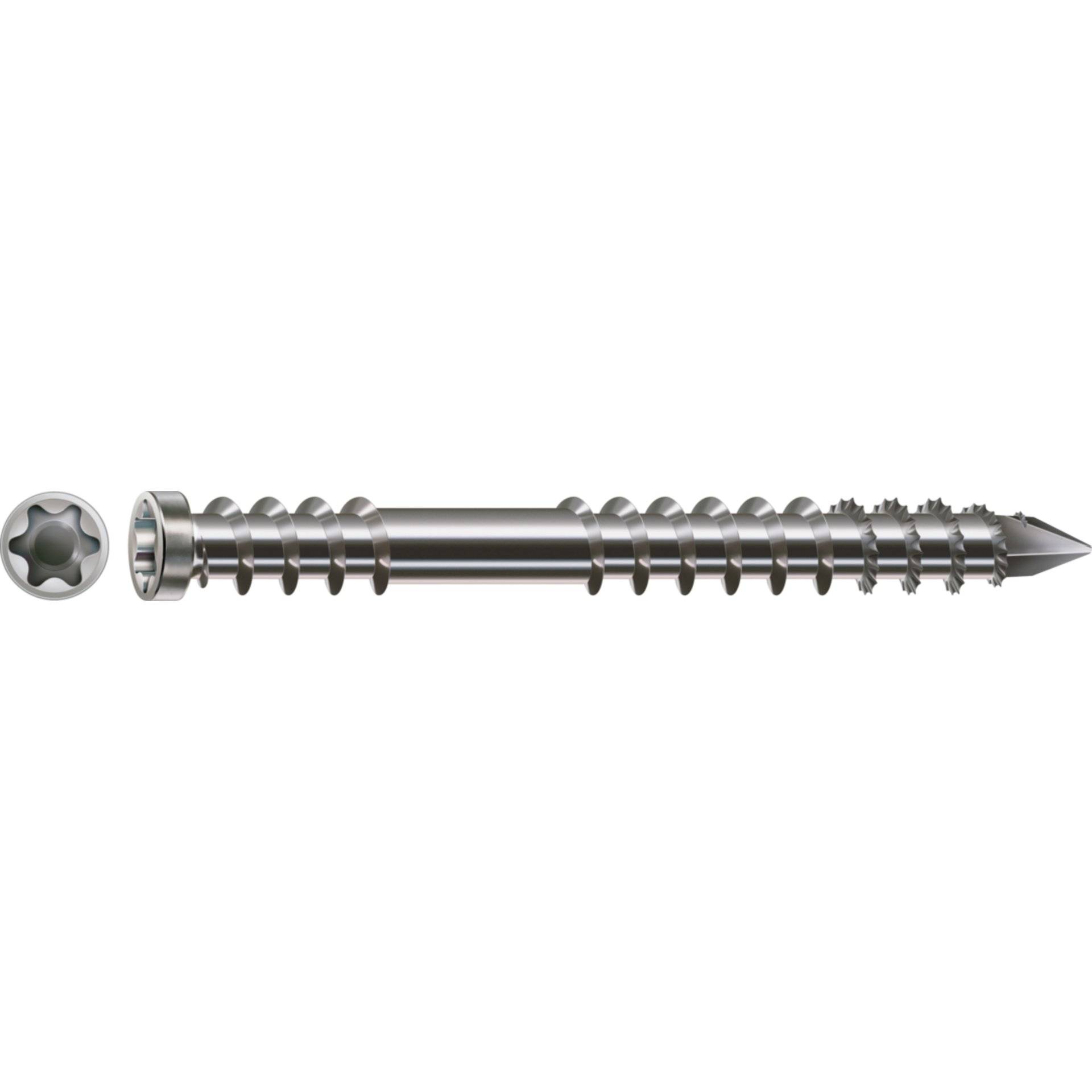 Eine Metallschraube mit sternförmigem Kopf und spitzer Spitze, mit tiefem Gewinde und glatter Oberfläche.