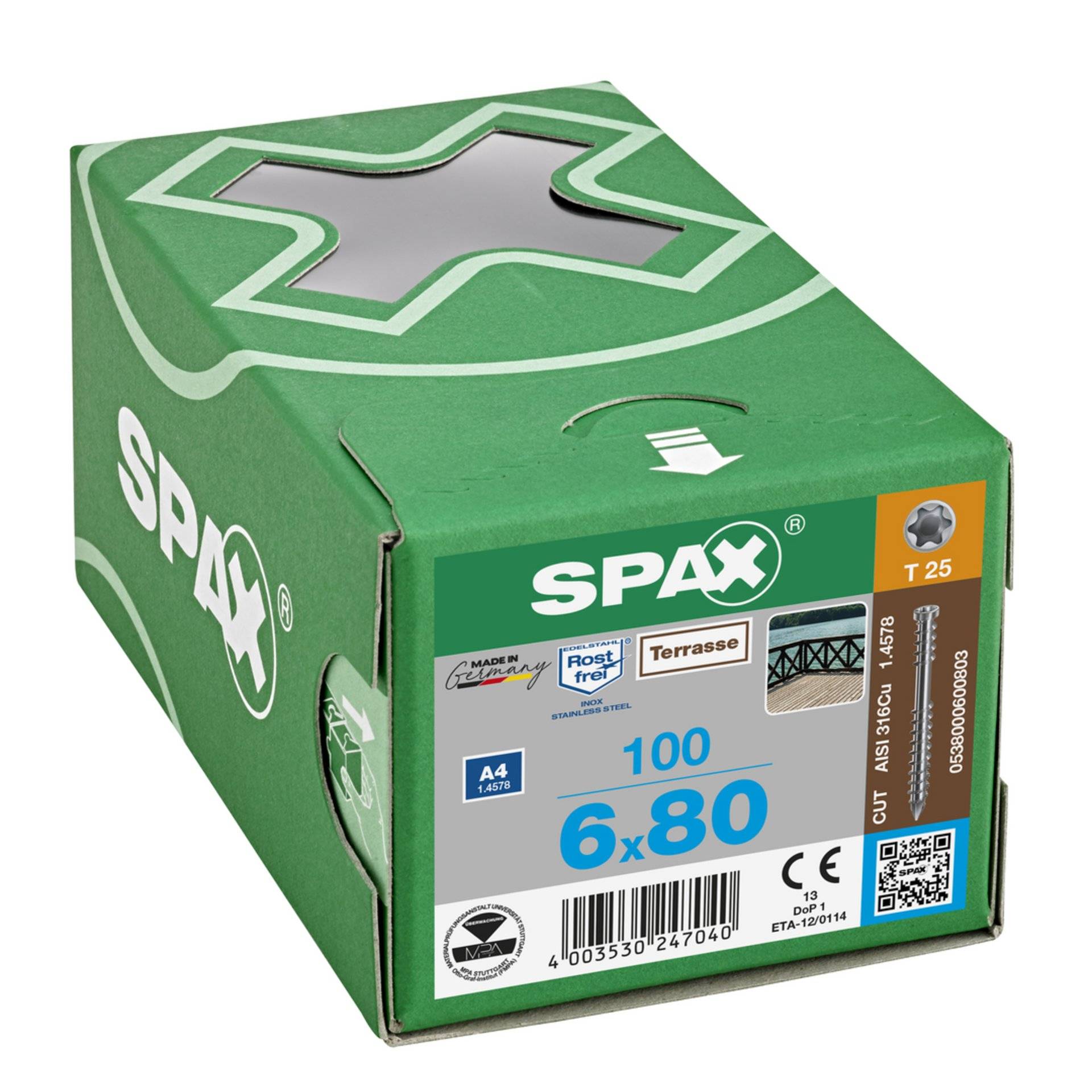 Grüne SPAX-Box mit 100 Terrassen-Schrauben, Größe 6x80 mm, mit T25-Kopf. Die Etiketten kennzeichnen A4-Edelstahl und CE-Zertifizierung.