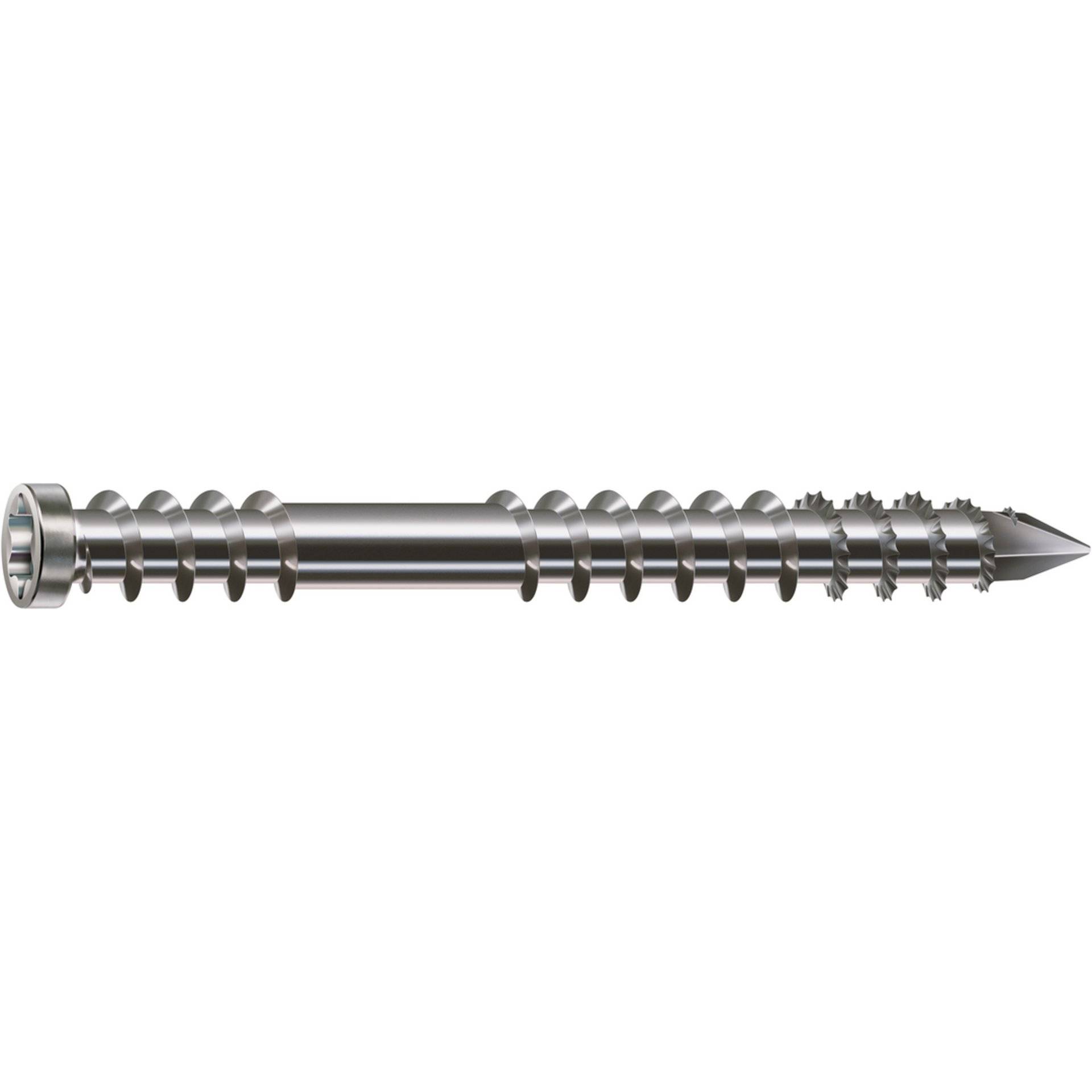 Ein Nahaufnahmebild einer einzelnen Metallschraube mit einer scharfen Spitze und einem Gewinde-Schaft, verwendet zum Zusammenfügen von Materialien.