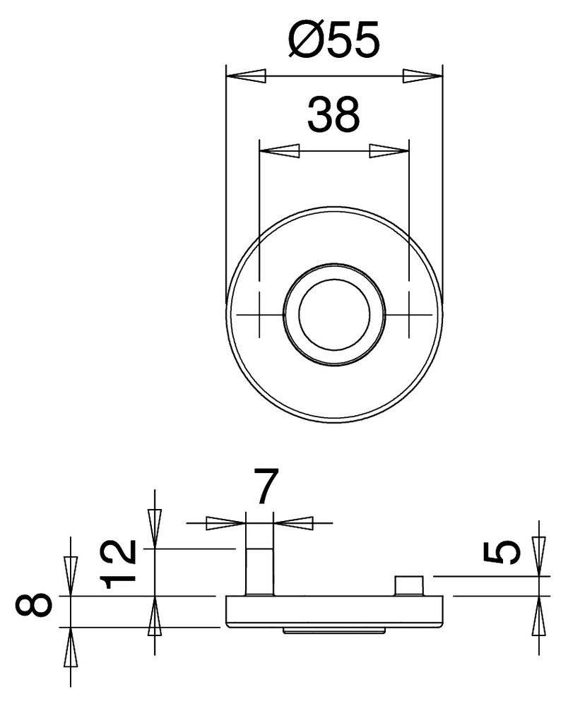 Technische Zeichnung eines kreisförmigen Objekts mit einem Durchmesser von 38 mm und einer Dicke von 7 mm, mit Seitenansicht, die ein zusätzliches 8-mm-Detail unterhalb der Mitte zeigt.