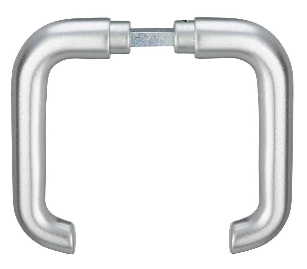 Ein Paar silberfarbener U-förmiger Türgriffe, die durch eine Metallbrücke verbunden sind, entworfen für leichte Griffigkeit und modernen Stil.