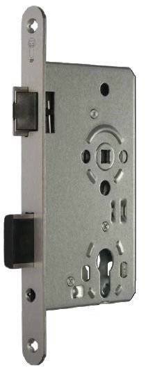 Metalltürverriegelungsmechanismus mit Schlüsselloch, Befestigungslöchern und Ausrichtungshilfen, der bei der Schlossinstallation verwendet wird.