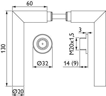 Technisches Diagramm einer Rohrverschraubung: Außenabmessungen 60x20, Innendurchmesser Ø32, Gewinde M20x1.5, Verbinderlänge 14mm, Breite 3mm.