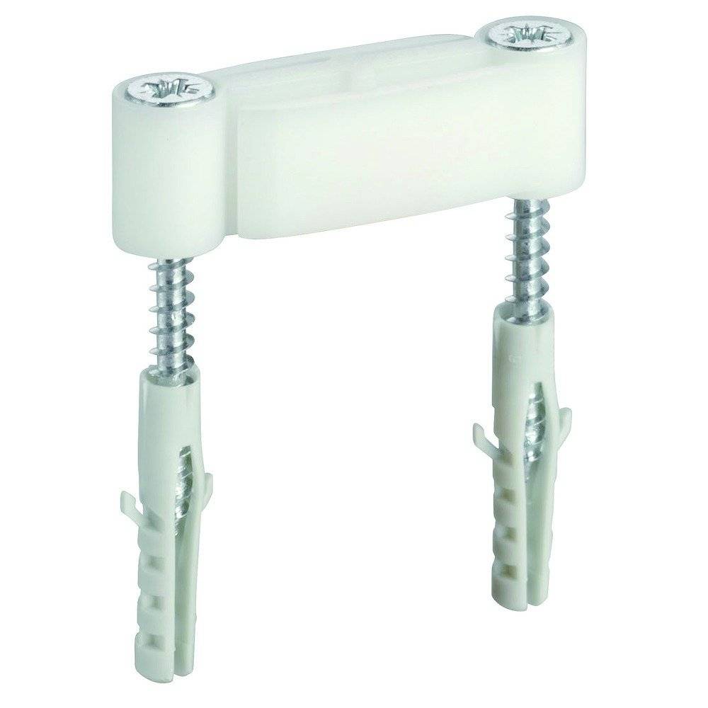 Kunststoff-Wandmontageverbinder mit zwei Schrauben und befestigten Dübeln, verwendet zum Sichern von Gegenständen auf einer Wandfläche.