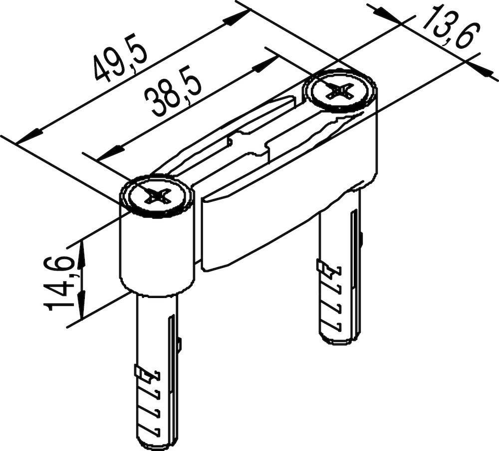 Technische Zeichnung eines Scharniers mit beschrifteten Abmessungen: 49,5 mm Breite, 13,6 mm Tiefe, 14,6 mm Höhe. Einschließlich Schrauben und Beschläge.