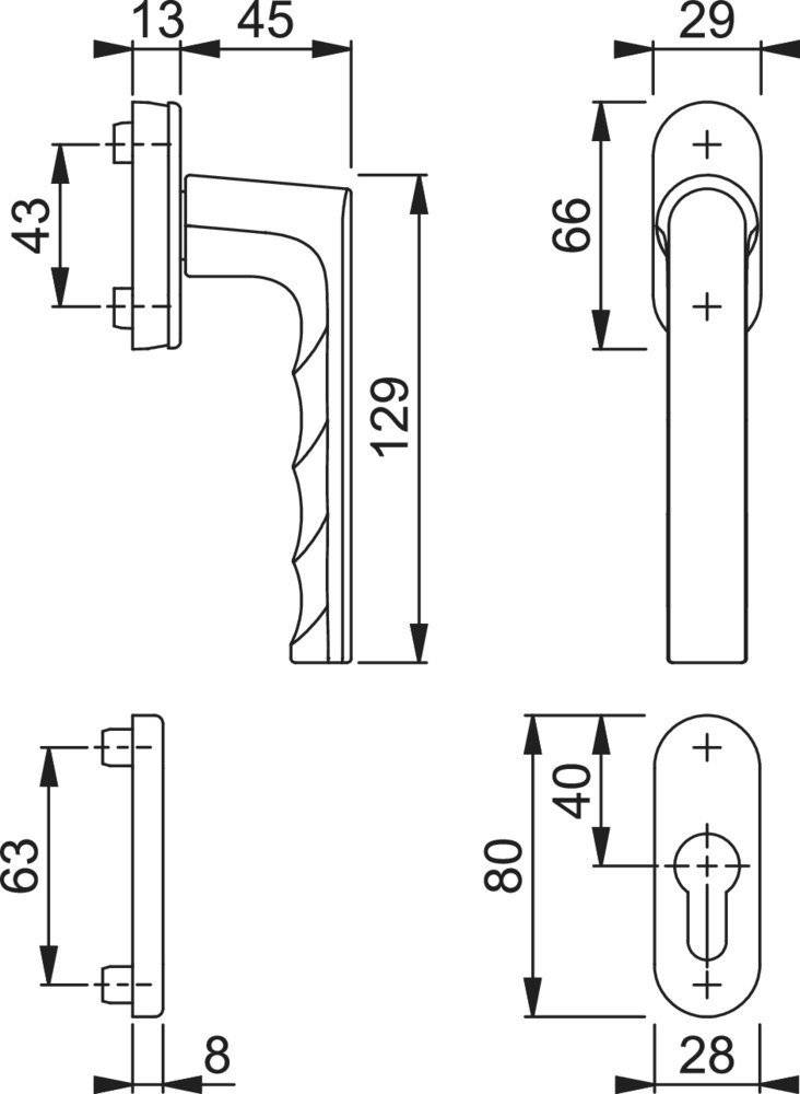 Diagramm einer Türklinke mit Maßen: horizontale Länge 43mm, vertikale Länge 129mm von der Griffbasis bis zur Spitze, 66mm von oben nach unten.