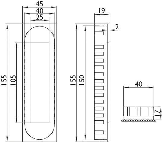 Technische Zeichnung eines rechteckigen Objekts mit abgerundeten Ecken. Die Abmessungen umfassen Längenmessungen von 105 mm und 155 mm sowie eine Breite von 45 mm.