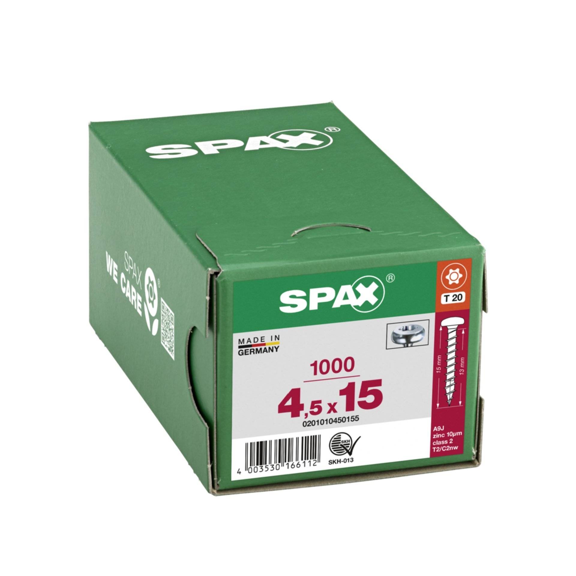 Grüne SPAX-Box mit 1.000 Holzschrauben, gekennzeichnet mit 4,5 x 15, hergestellt in Deutschland, mit T20-Antrieb-Markierung auf der Vorderseite.