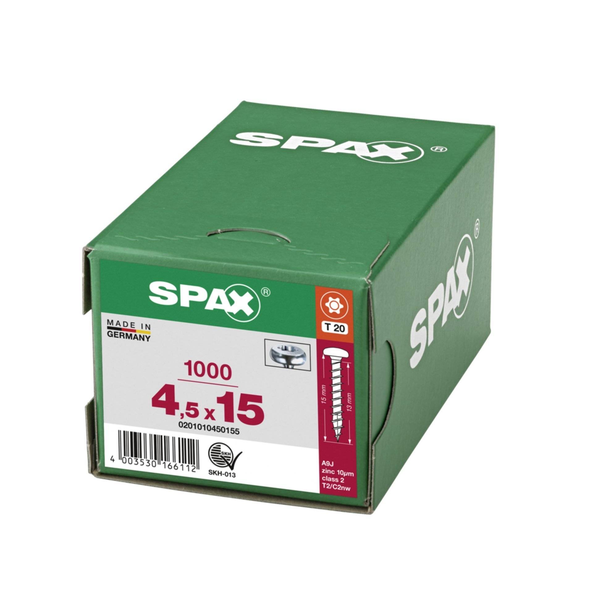 Grüne SPAX-Box mit 1000 T20-Holzschrauben, beschriftet 4,5 x 15 mm, hergestellt in Deutschland.