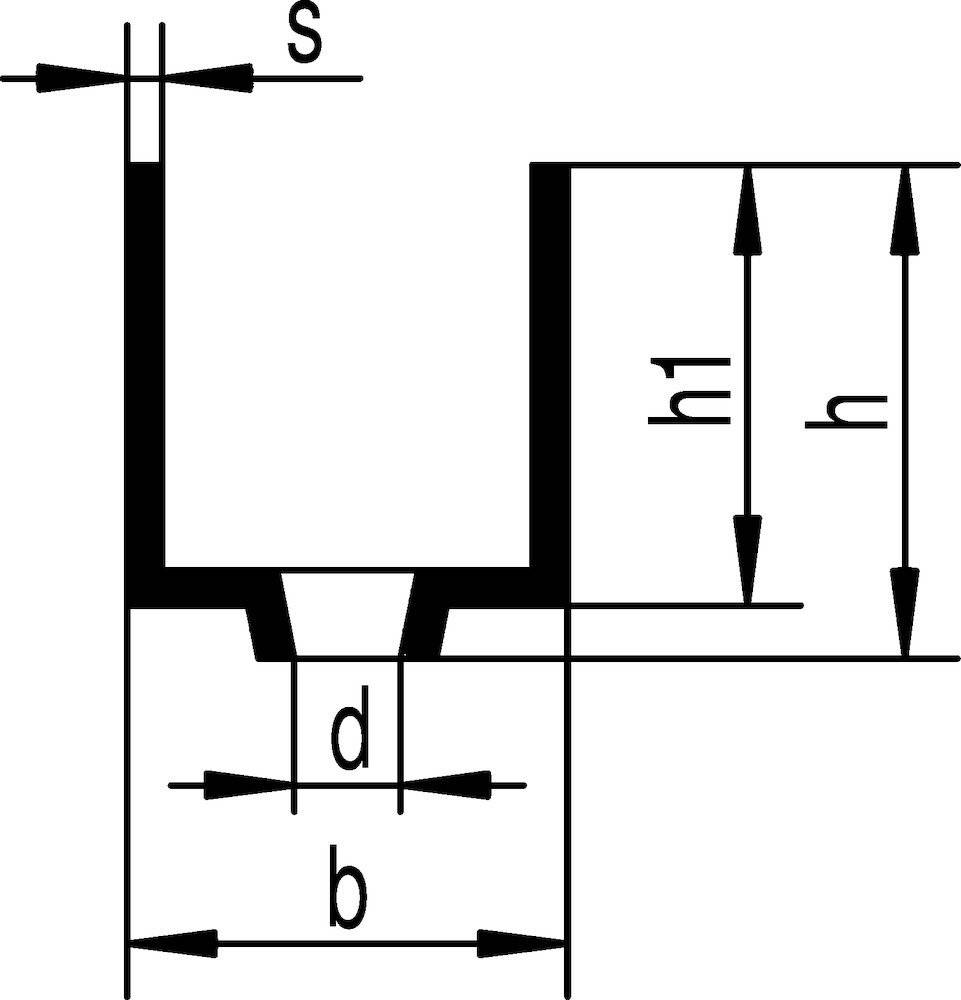 Diagramm eines Stahlträgerprofils im Querschnitt mit gekennzeichneten Abmessungen: 's' (obere Flanschdicke), 'd' (Stegdicke), 'b' (untere Breite), 'h' und 'h1' (Höhen).