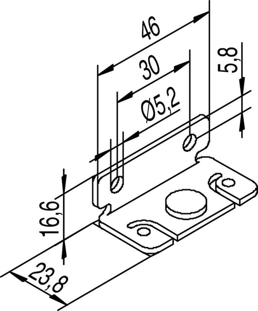 Ein technisches Diagramm einer Metallhalterung mit Abmessungen: 40 mm Breite, 30 mm Lochabstand, 5,2 mm Lochdurchmesser, 5,8 mm Höhe.