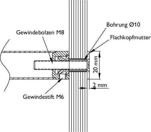 Ein technisches Diagramm, das eine Schnittansicht eines Gewindebolzensystems zeigt, mit beschrifteten Abschnitten: 'Gewindebolzen M8,' 'Bohrung Ø10,' 'Flachkopfmuttern,' 'Gewindestift M6,' mit angegebenen Abmessungen.