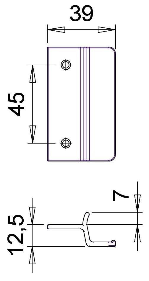 Eine technische Zeichnung einer rechteckigen Metallhalterung mit den Abmessungen: 45 mm Höhe und 7 mm Breite mit zwei Schraubenlöchern.