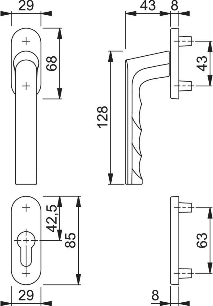 Diagramm mit den Abmessungen eines Türgriffs: 128mm Länge, 68mm Breite, 43mm Vorsprung, mit 63mm und 85mm vertikalem Abstand.