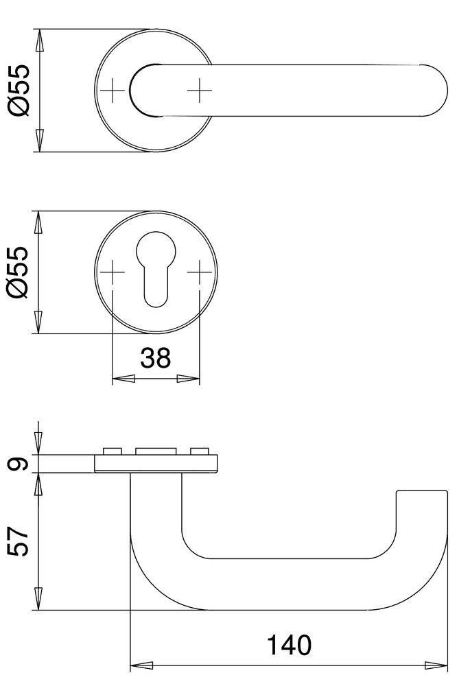 Technische Zeichnung einer Türklinke mit Abmessungen. Die Rosette hat ein kreisförmiges Schlüsselloch mit 55mm Durchmesser. Die Klinke ragt 57mm hervor.