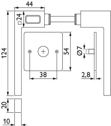 T-förmiger Griff technische Zeichnung mit Maßen. Breite: 38, Höhe: 124 und Tiefe: 20. Enthält Maßangaben der Komponenten.
