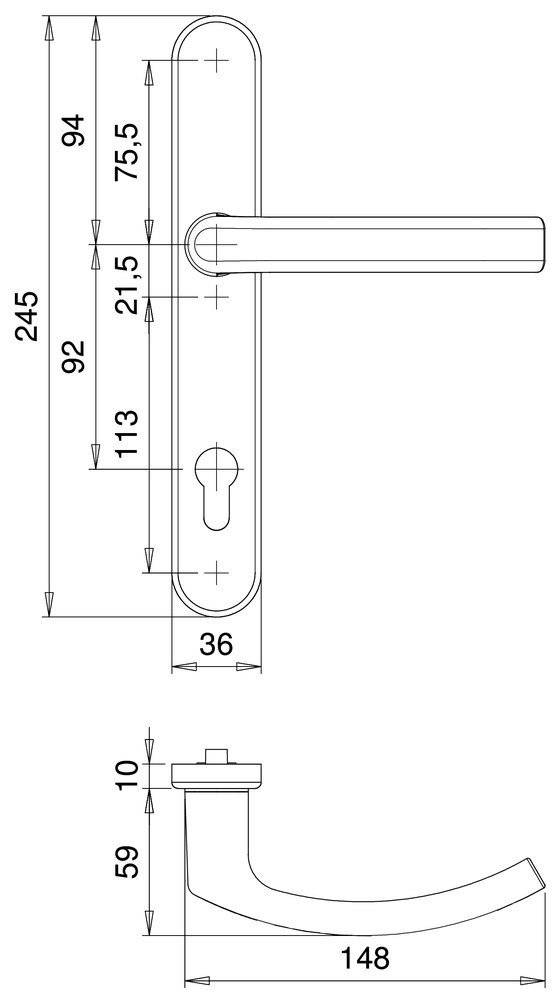 Technische Zeichnung einer Türklinkenrosette mit Abmessungen: 245 mm Höhe, 36 mm Breite, Schlüssellochpositionierung 113 mm von oben.