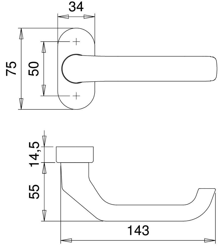 Technische Zeichnung eines Türgriffs mit Seiten- und Draufsicht. Enthält Abmessungen: Gesamtlänge 143mm, Höhe 55mm, Breite 75mm.