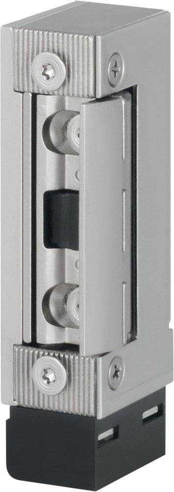 „Nahaufnahme eines Türschloss-Mechanismus in metallischer Ausführung, mit einem schwarzen Riegel und einer silbernen Schließplatte.