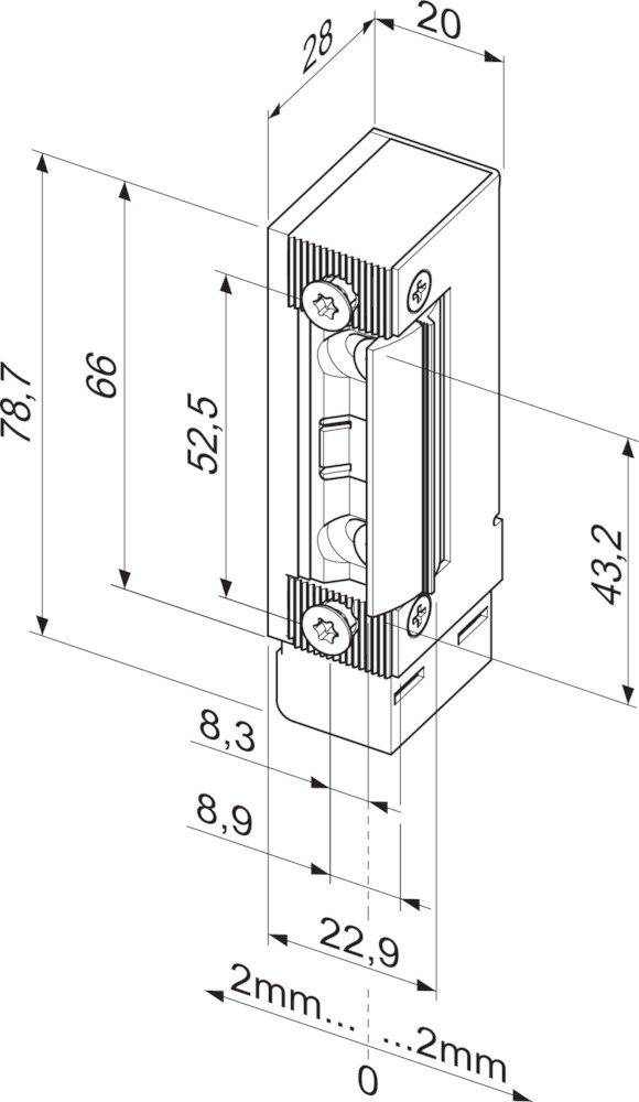 Technisches Diagramm einer Türverriegelungsbaugruppe mit Abmessungen. Wichtigste Messungen: 78,7mm Höhe, 66mm, 52,5mm und 43,2mm Komponentenlängen.