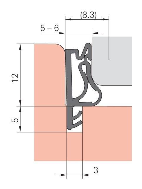 Querschnittsdiagramm eines Fensterrahmenprofils mit Maßangaben: 12mm und 5-6mm auf einer Seite, 5mm auf der gegenüberliegenden Seite.