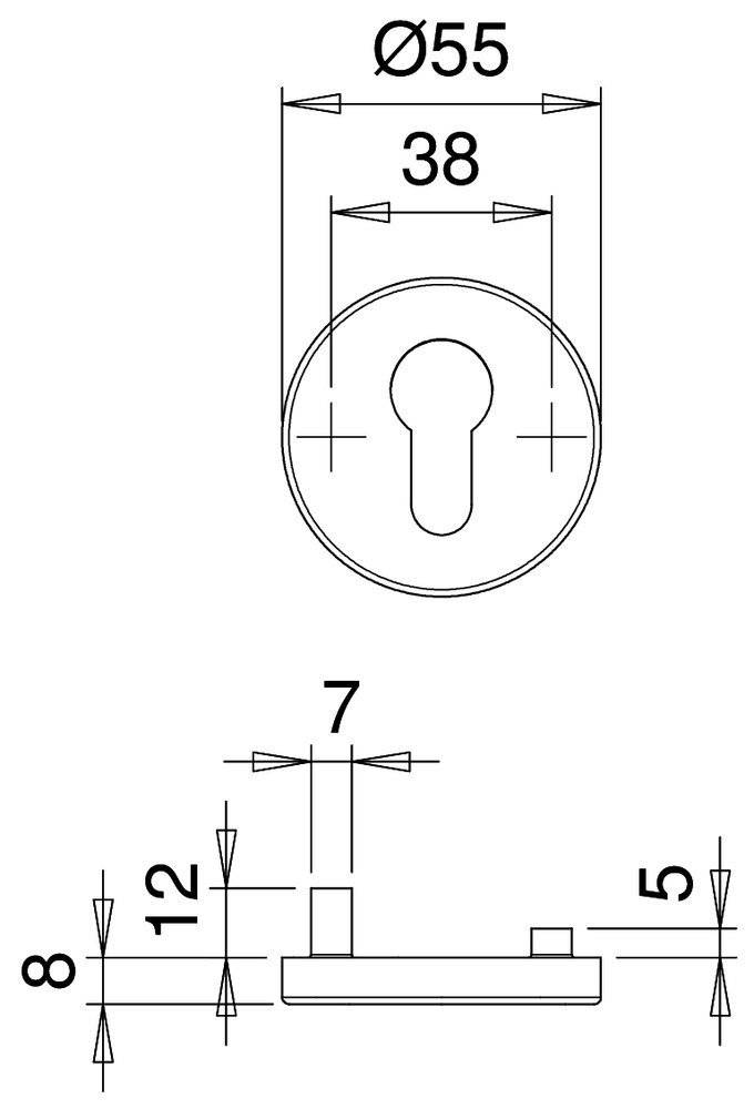 Eine technische Zeichnung eines Schlüssellochs mit Messwerten, die die Abmessungen verschiedener Teile anzeigt, einschließlich der Breite und Detailbeschriftungen.