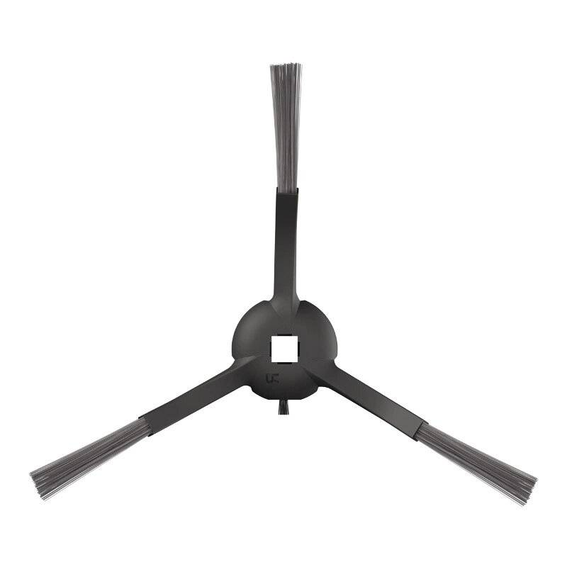 Eine schwarze, dreiarmige Seitenbürste für einen Roboterstaubsauger mit Borsten, die von jedem Arm abstehen, um effizientes Reinigen zu ermöglichen.