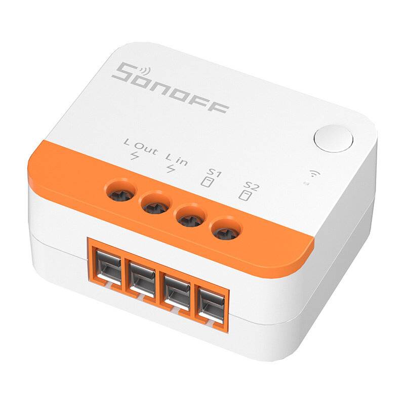 Weiß-oranganer Sonoff-Schalter mit vier Anschlüssen und beschrifteten Tasten für intelligente Hausautomation.
