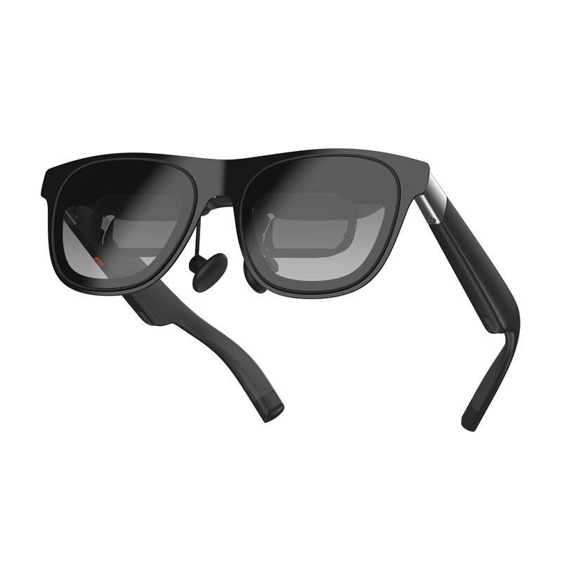Schwarze intelligente Brille mit durchsichtigen Gläsern und gebogenen Bügeln.