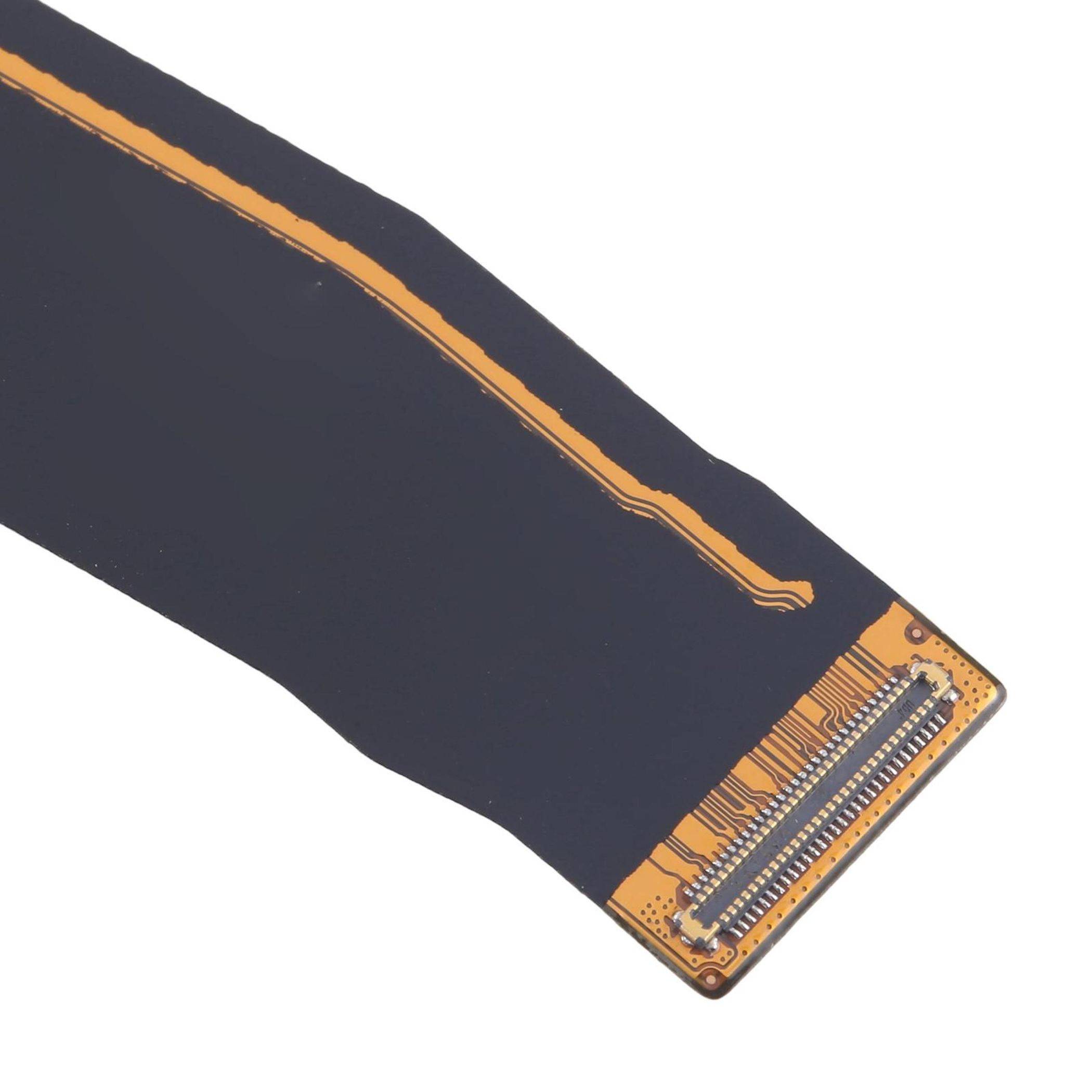 Ein flacher, flexibler orange-schwarzer Schaltkreisanschluss mit sichtbaren Metallkontakten an einem Ende.