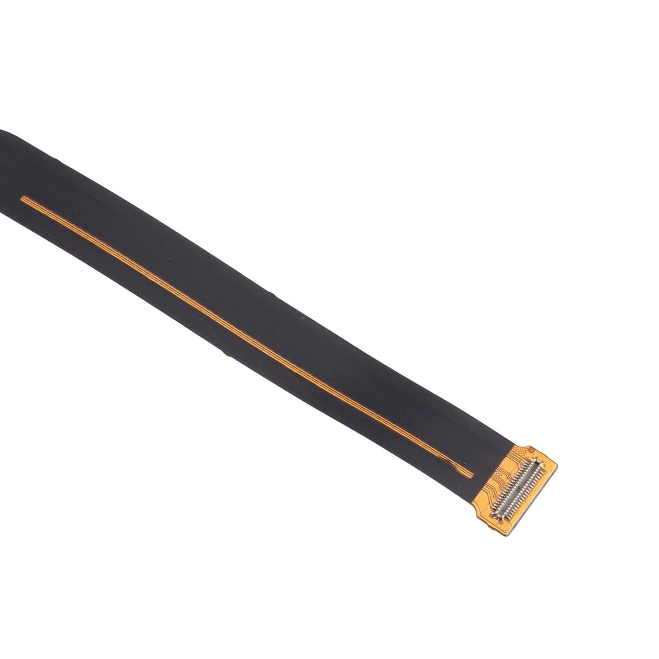 Eine Nahaufnahme eines schwarzen flexiblen Flachbands mit orangefarbener Kante und Anschluss, das in der Elektronik für kompakte interne Verbindungen verwendet wird.