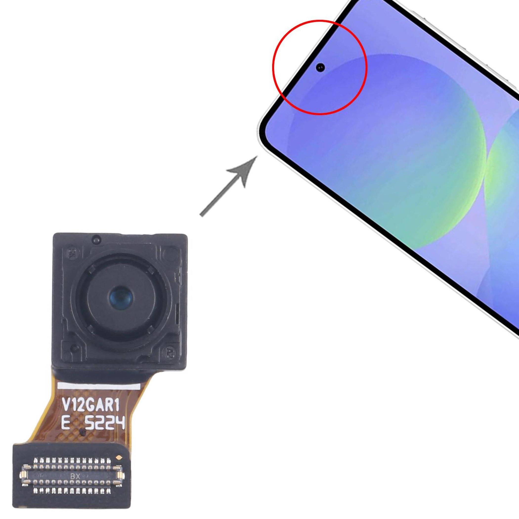 Eine Smartphone-Frontkamera-Linse mit Sensor wird zusammen mit ihrer Platzierung auf einem Telefonbildschirm gezeigt, die mit einem roten Kreis hervorgehoben ist.