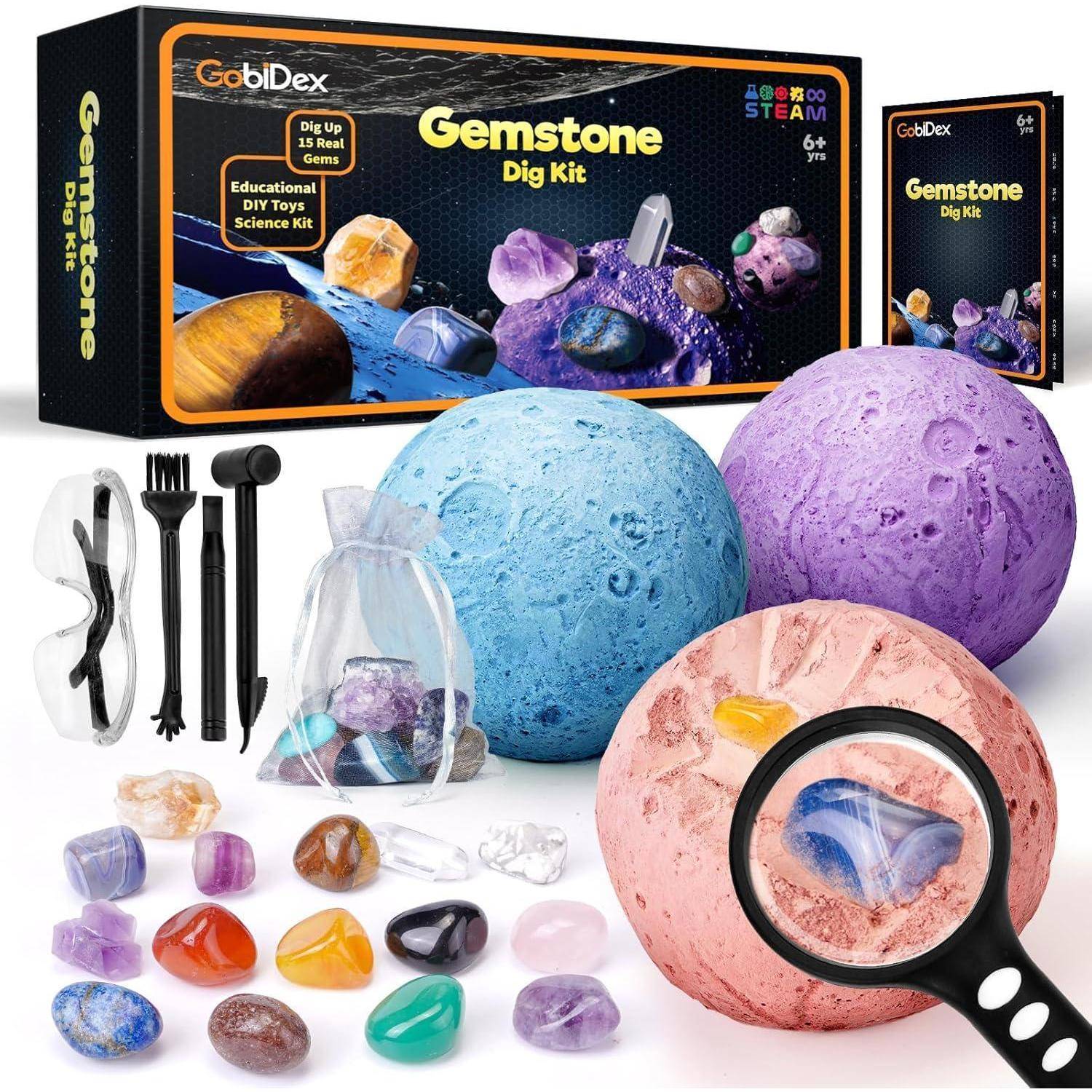 Edelstein-Ausgrabungs-Set mit bunten Edelsteinen, Ausgrabungswerkzeugen, Sicherheitsbrille und Grabungsziegel. Geeignet für Kinder ab 6 Jahren.