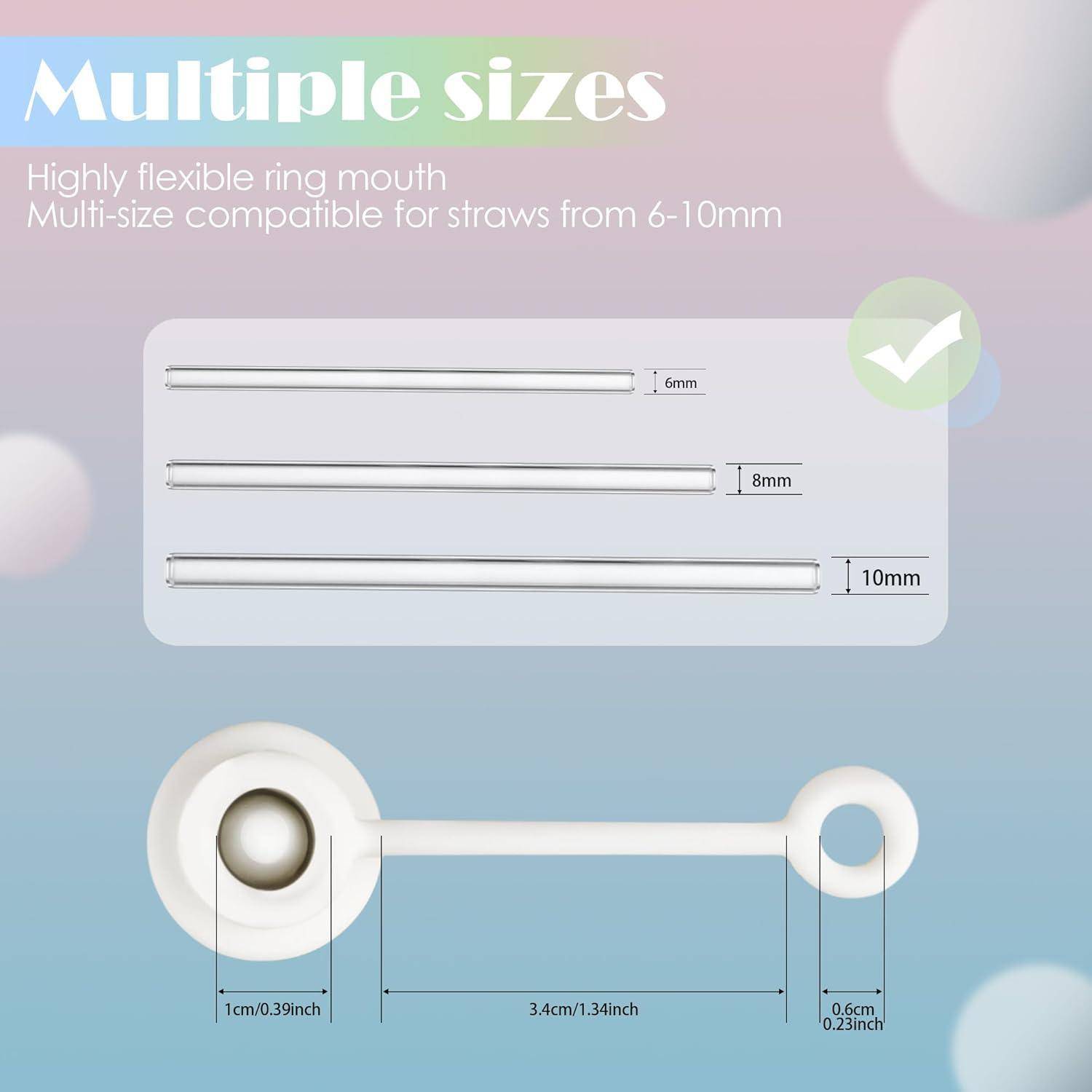 Ein Banner mit 'Mehreren Größen' zeigt flexible Ringmünder, die für 6mm-, 8mm- und 10mm-Strohhalme geeignet sind, mit Produktbildern und Maßangaben.