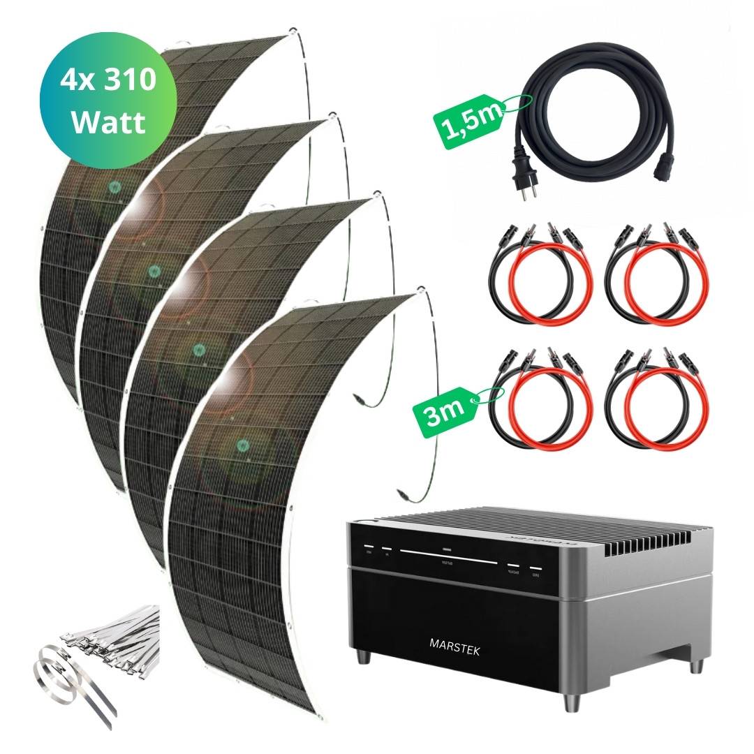 4x 310 Watt Solarpanels mit Kabeln, Anschlüssen und einer Marstek Stromversorgungseinheit. Inklusive Zubehör für die Installation.